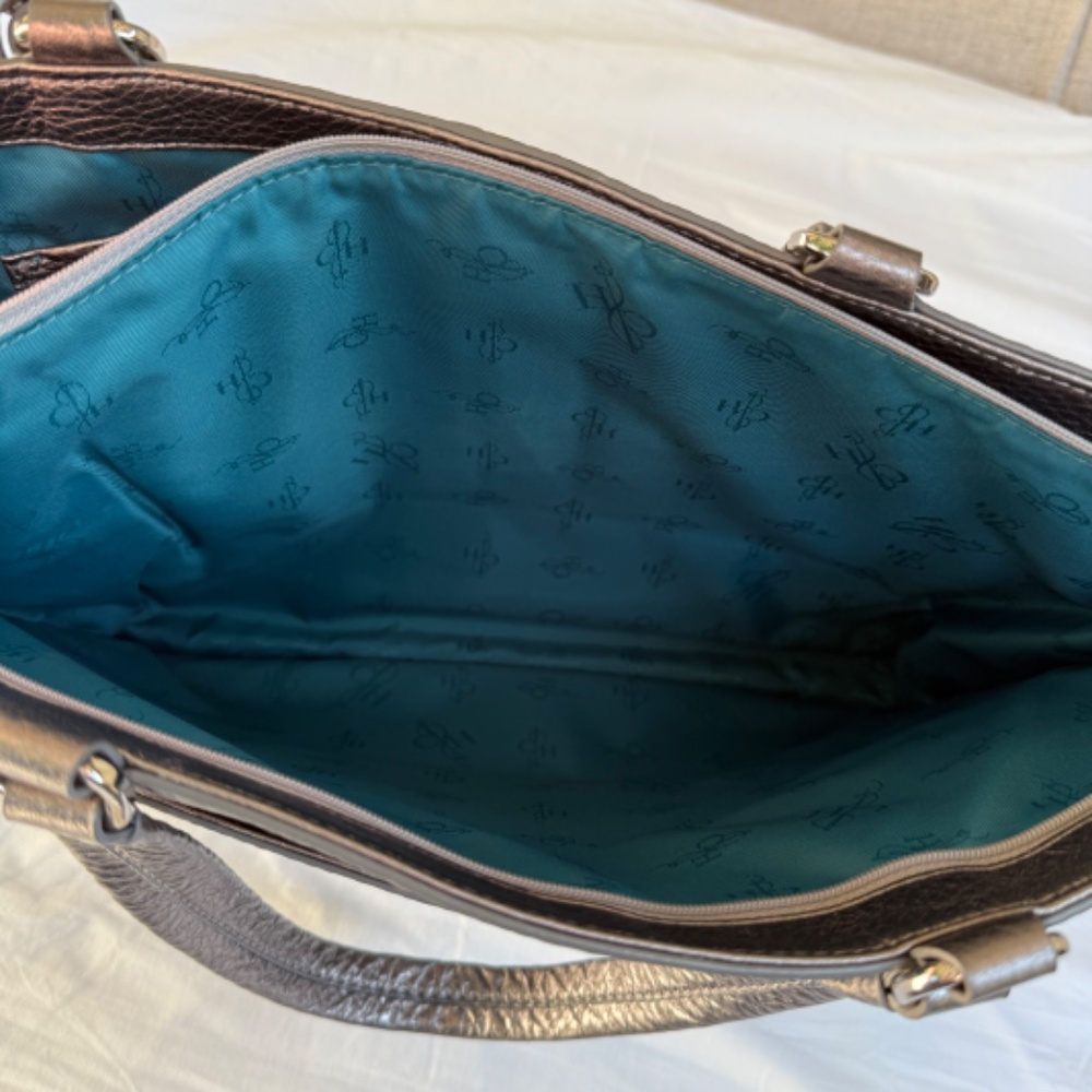 Cole Haan Silver Pewter Pebbled Leather Tote | Original Dust Bag | Teal Lining - Picture 3 of 15